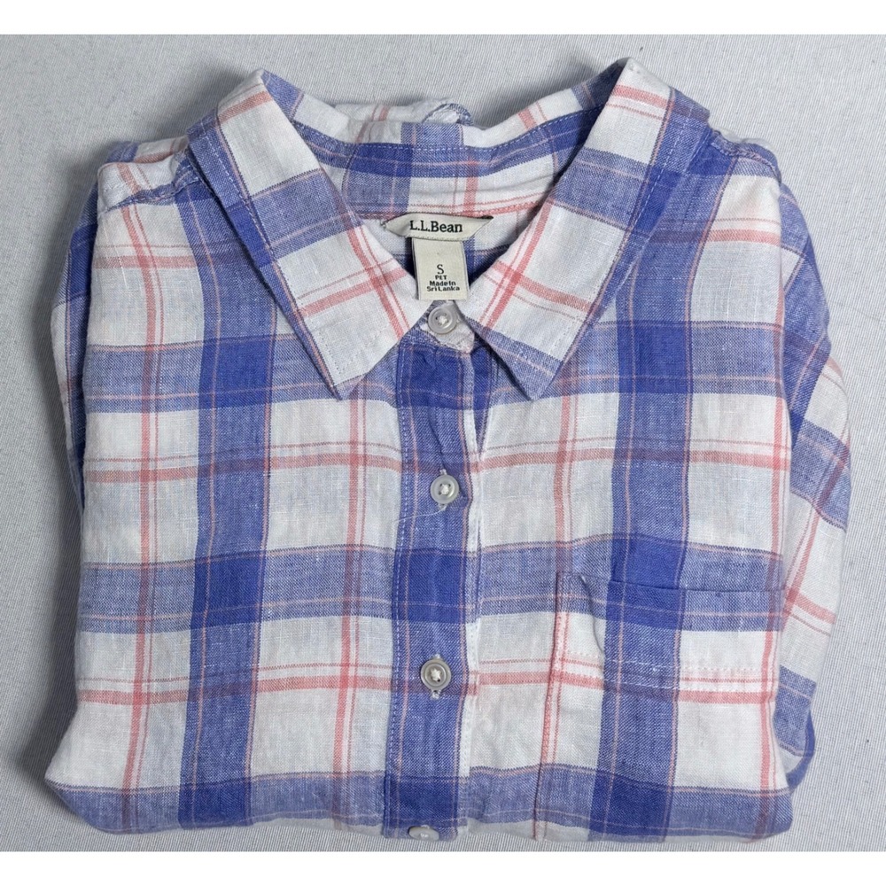 LL Bean Womens Small Petite Linen Shirt Blue Plaid Long Sleeve Button Down
